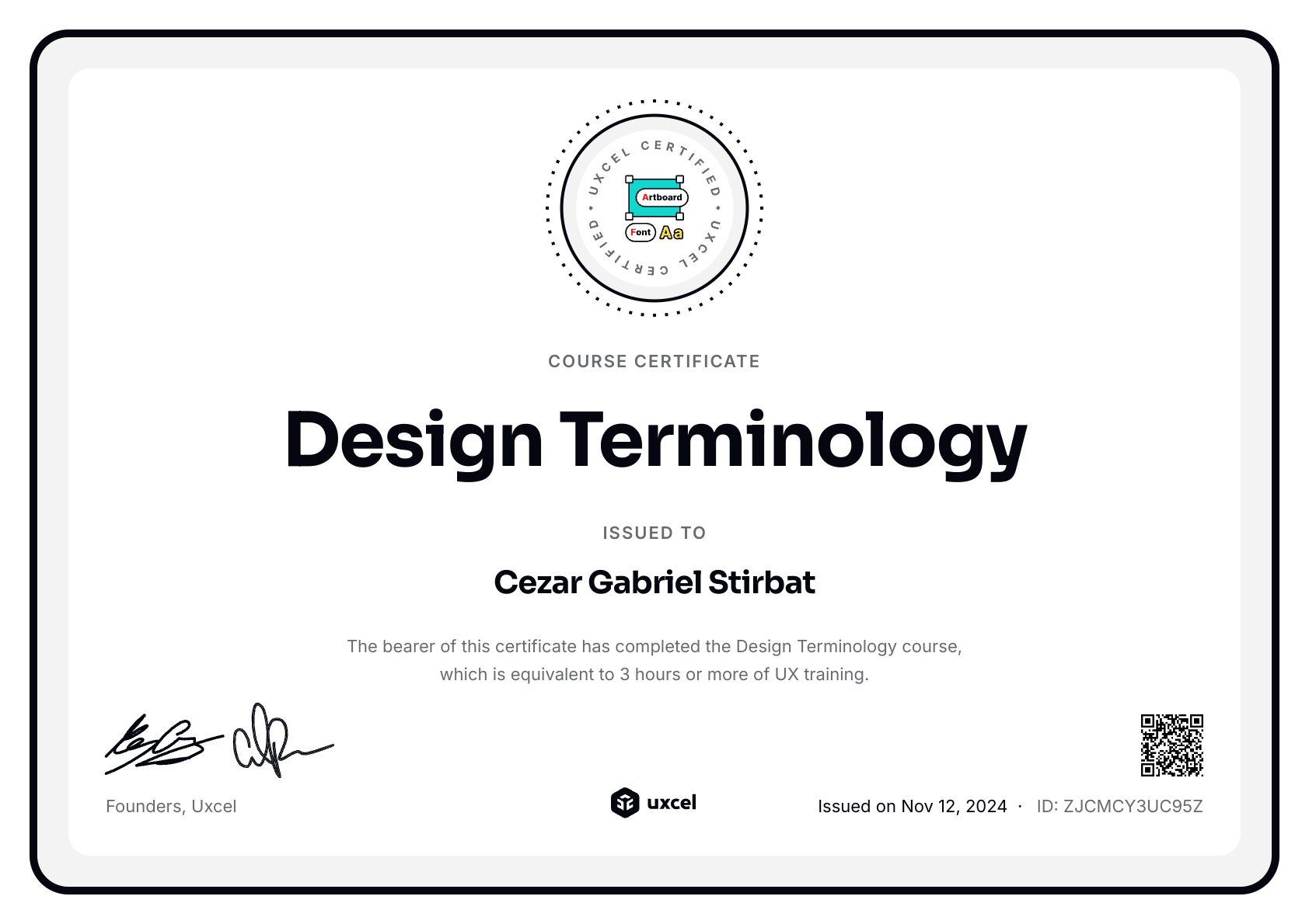 Cezar Gabriel Stirbat's certificate